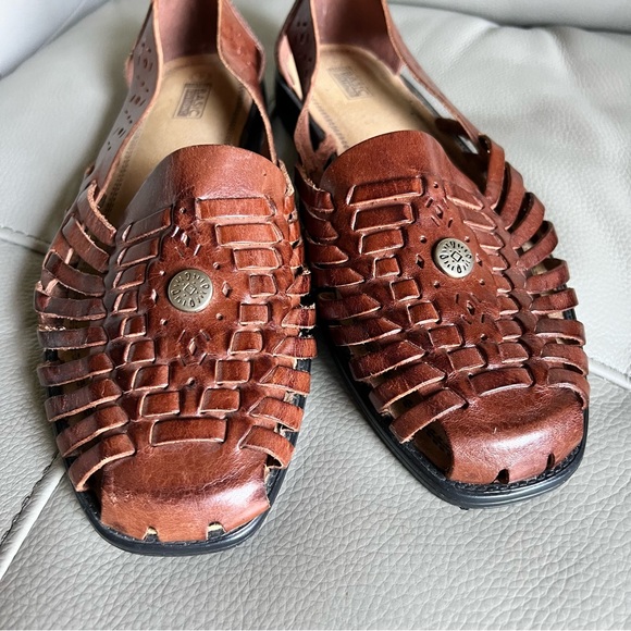 Vintage Sz 9 Genuine Leather Huarache Basket Weave Sandals Flat Shoes - Picture 5 of 15